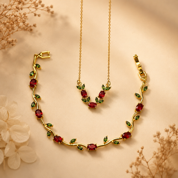 Ruby Red Tulip Bloom Jewellery Combo – Anti Tarnish Necklace & Bracelet Set
