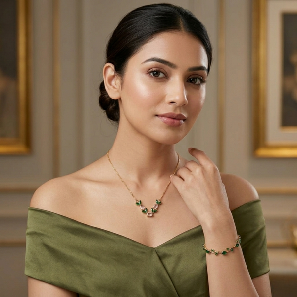 Emerald Green Tulip Bloom Jewellery Combo – Anti Tarnish Necklace & Bracelet Set