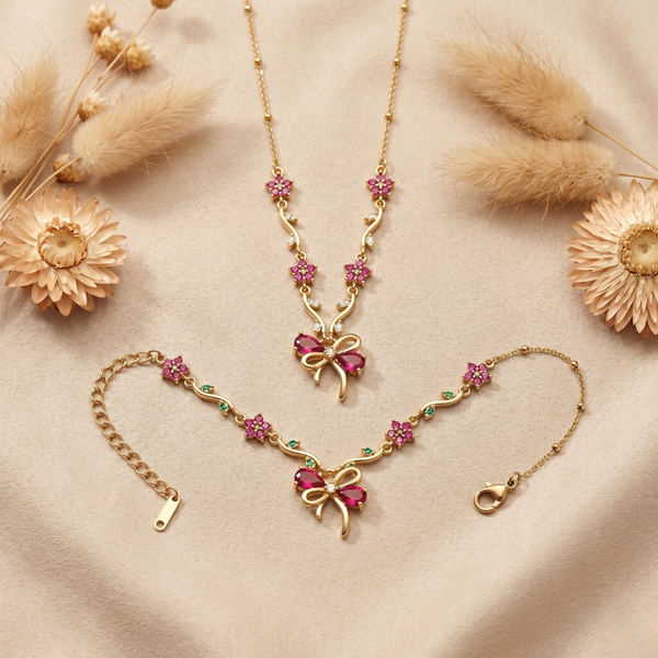Ruby Ribbon Blossom Necklace & Bracelet Set – Anti Tarnish Gold Edition