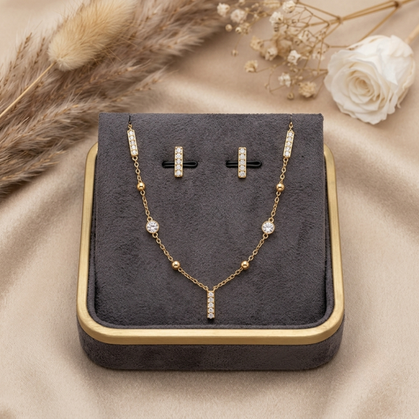 Celeste Crystal Bar Necklace & Earrings Set – Anti Tarnish Gold