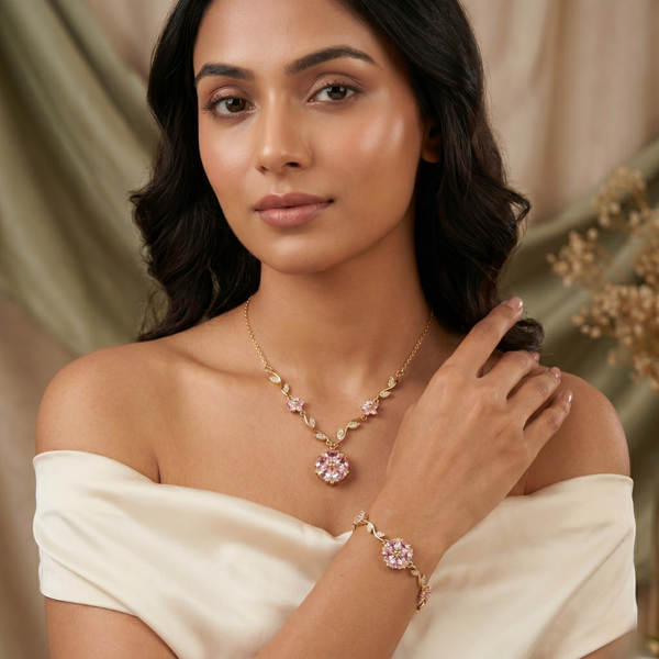 Blush Heart Petal Blossom Necklace & Bracelet Set – Anti Tarnish Gold