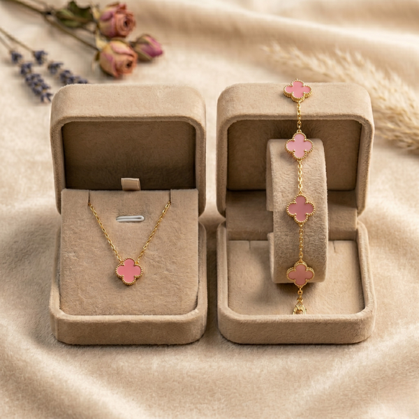 Blush Pink Clover Charm Jewellery Combo – Anti Tarnish Necklace & Bracelet Set