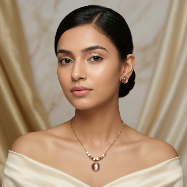Blush Glow Pink Pendant & Stud Set – Gold Tone Anti Tarnish