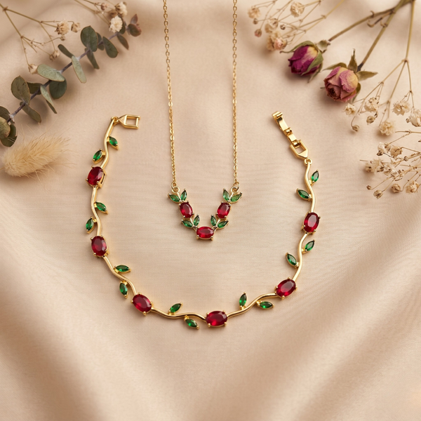 Ruby Red Tulip Bloom Jewellery Combo – Anti Tarnish Necklace & Bracelet Set
