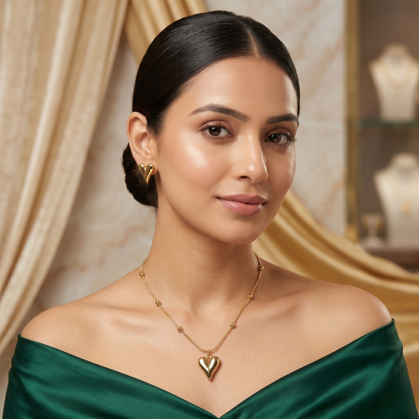 Eterna Heart Gold Combo Set – Anti Tarnish Necklace & Stud Earrings
