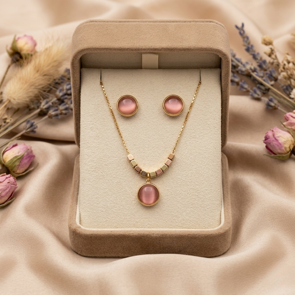 Blush Glow Pink Pendant & Stud Set – Gold Tone Anti Tarnish