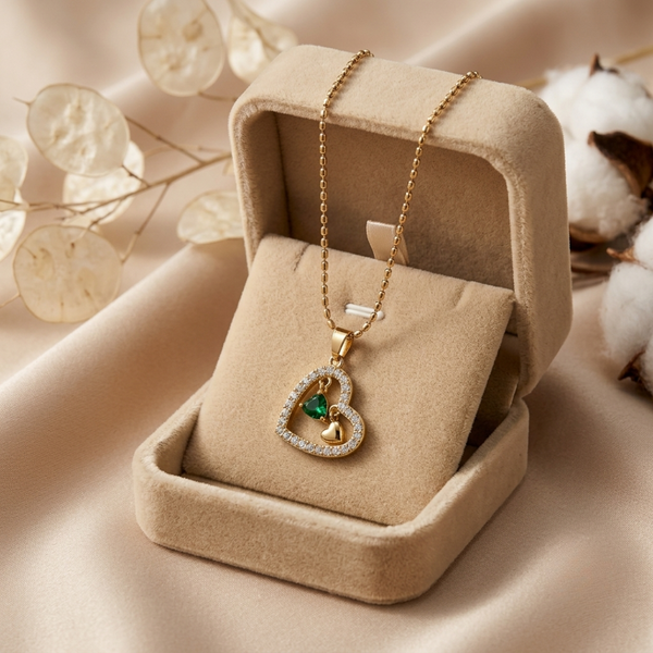Emerald Heart Duo Necklace – Anti Tarnish Gold