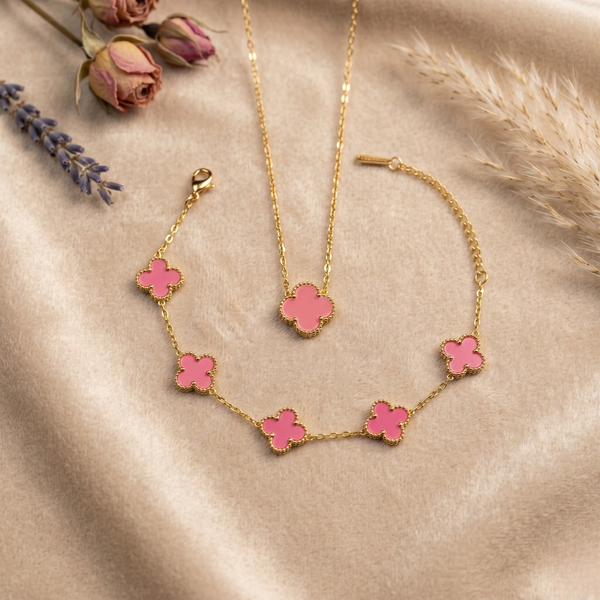 Blush Pink Clover Charm Jewellery Combo – Anti Tarnish Necklace & Bracelet Set