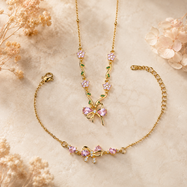 Blush Bow Blossom Necklace & Bracelet Set – Anti Tarnish Gold