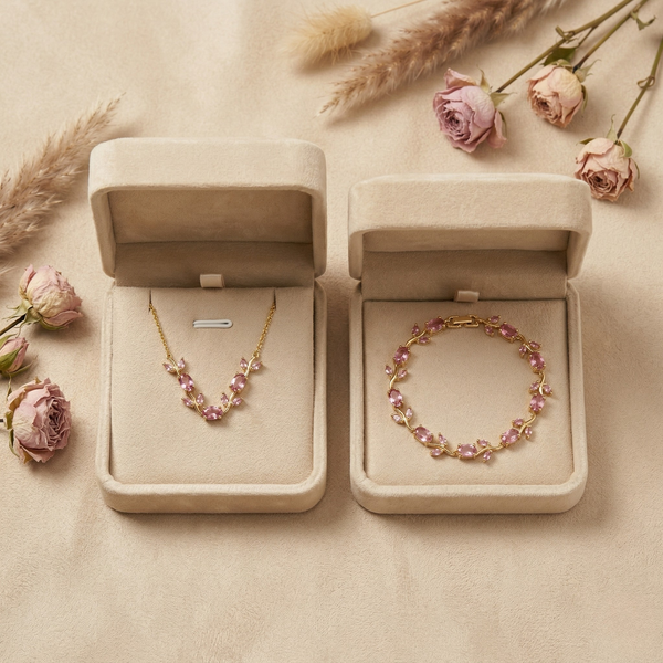 Anti-Tarnish Pink Tulip Necklace & Bracelet Set – Gold Finish