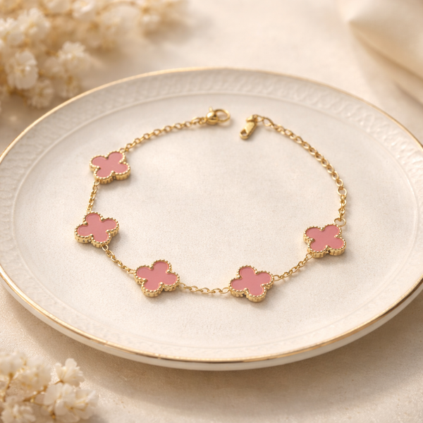Blush Clover Pink Bracelet – Anti Tarnish Gold Floral Charm Bracelet