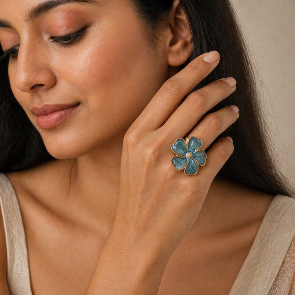 Aurelia Blue Flower Bloom Statement Ring – Anti Tarnish Gold Adjustable Ring