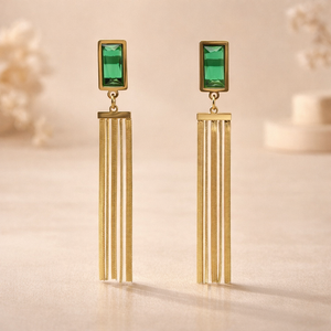 Emerald Bar Chain Drop Earrings for Women – Anti-Tarnish Gold