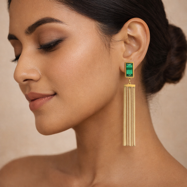 Emerald Bar Chain Drop Earrings for Women – Anti-Tarnish Gold