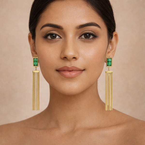 Emerald Bar Chain Drop Earrings for Women – Anti-Tarnish Gold