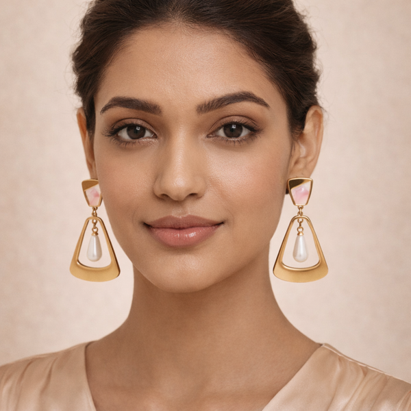 Blush Pearl Geometric Drop Earrings for Women – Anti-Tarnish Gold