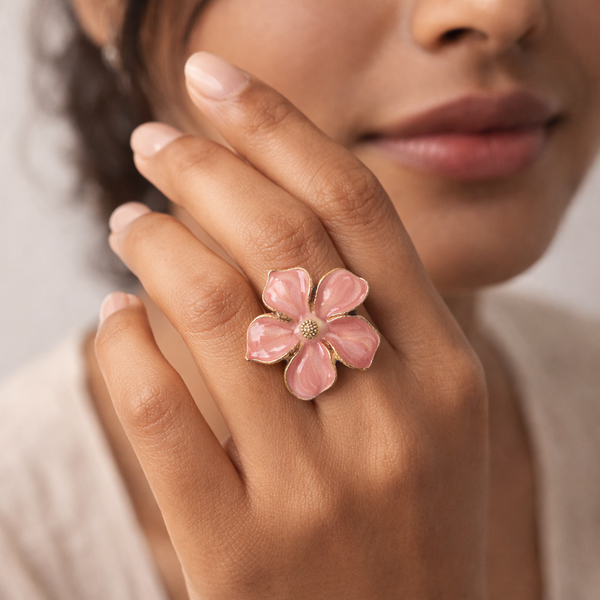 Bloom Pink Flower Enamel Ring – Anti-Tarnish Gold