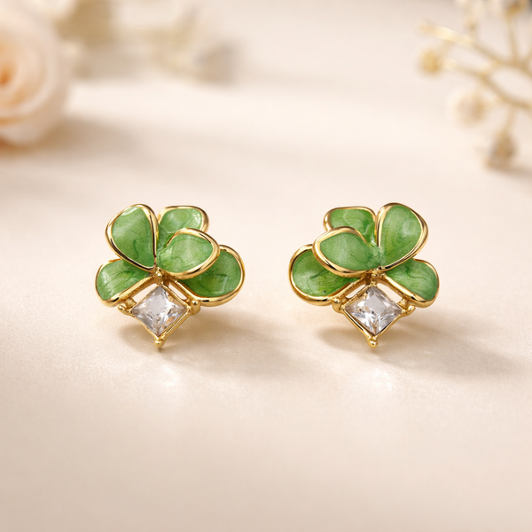 Green Clover Crystal Stud Earrings – Anti Tarnish Gold