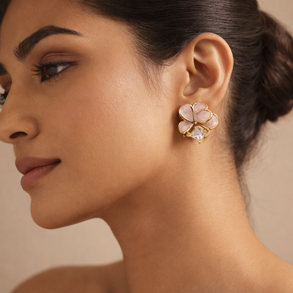 Blush Pink Clover Crystal Stud Earrings – Anti Tarnish Gold
