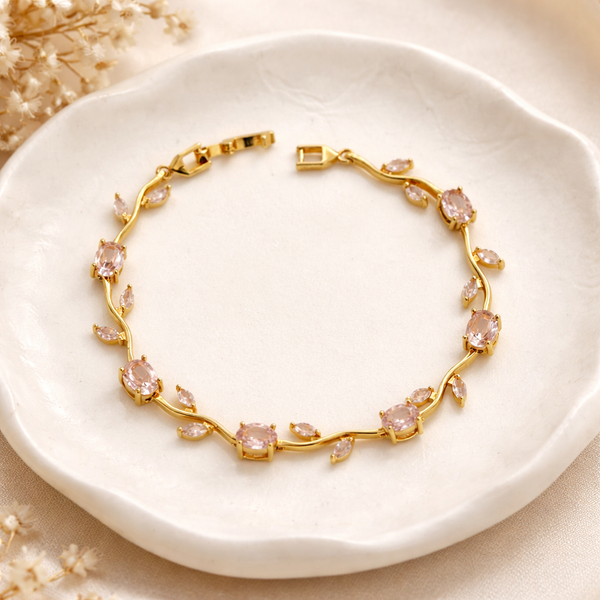 Pink Crystal Wave Tennis Bracelet – Anti-Tarnish Gold