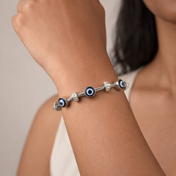 Evil Eye Wire Bangle – Anti-Tarnish Silver