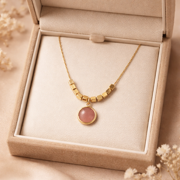 Peach Stone Cube Chain Necklace – Anti-Tarnish Gold