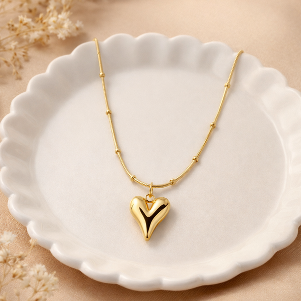 Puffy Heart Pendant Necklace – Anti-Tarnish Gold