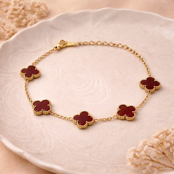 Red Carnelian Clover Station Bracelet – Anti-Tarnish Gold