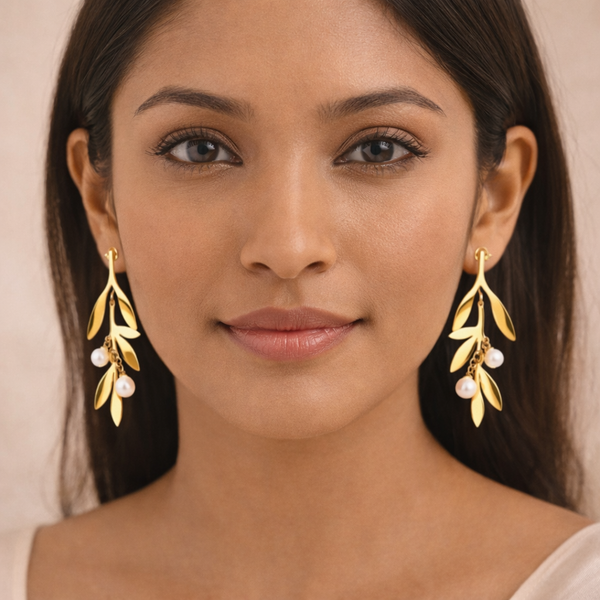 Gold Leaf Pearl Drop Earrings for Women – Anti-Tarnish Gold