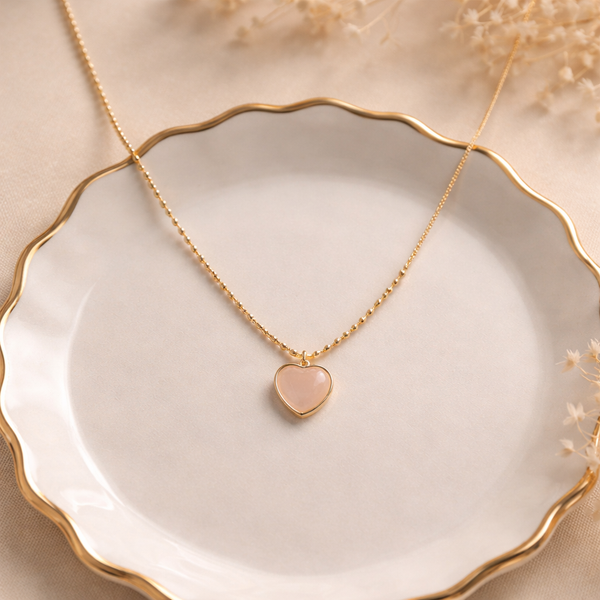 Rose Quartz Heart Pendant Necklace – Anti-Tarnish Gold