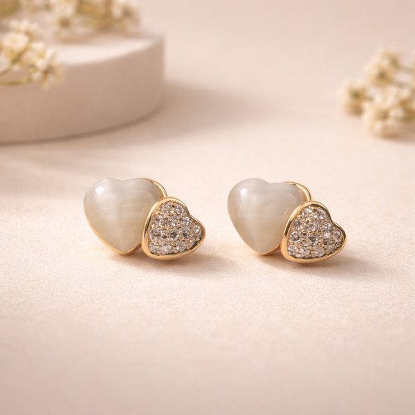 Double Heart Pearl Stud Earrings for Women – Anti-Tarnish Gold