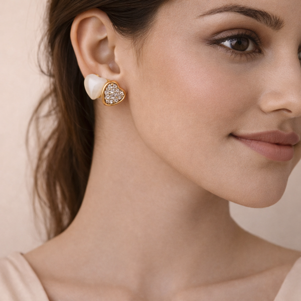 Double Heart Pearl Stud Earrings for Women – Anti-Tarnish Gold