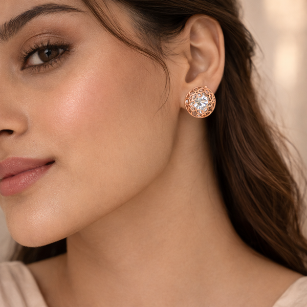 Elara Filigree Dome Stud Earrings – Anti-Tarnish Rose Gold