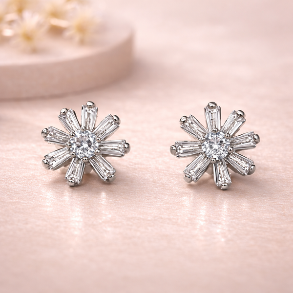Daisy Baguette Stud Earrings – Anti-Tarnish Silver