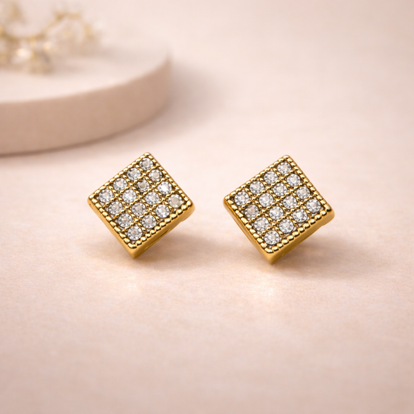 Kira Square Pave Stud Earrings – Anti-Tarnish Gold