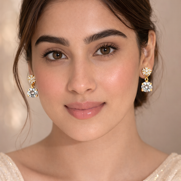 Noor Crystal Solitaire Drop Earrings – Anti-Tarnish Gold
