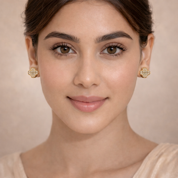 Clover Pave Crystal Stud Earrings – Anti-Tarnish Gold