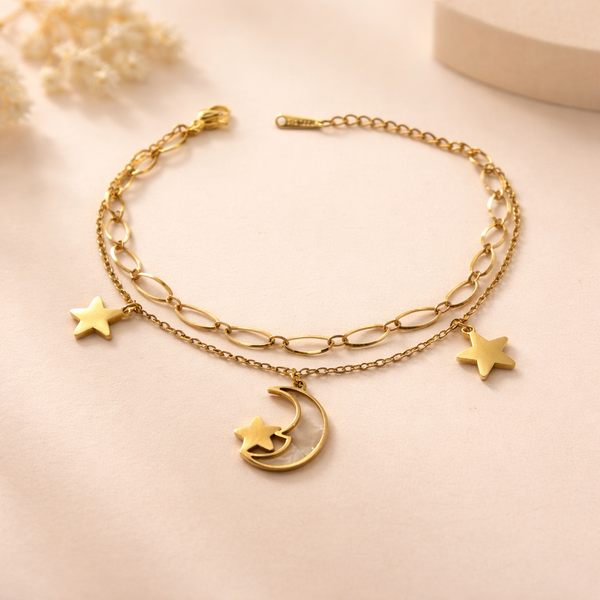 Stella Double Chain Moon Bracelet – Anti-Tarnish Gold