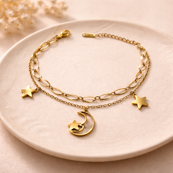 Stella Double Chain Moon Bracelet – Anti-Tarnish Gold
