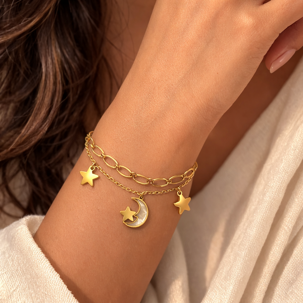 Stella Double Chain Moon Bracelet – Anti-Tarnish Gold