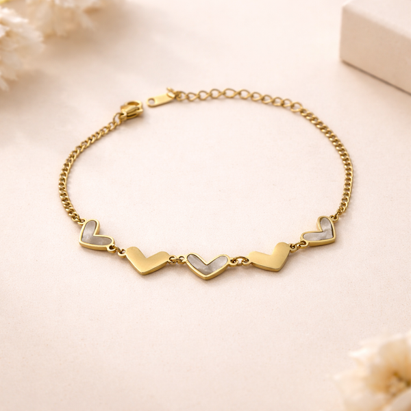 Pearl Heart Link Bracelet – Anti-Tarnish Gold