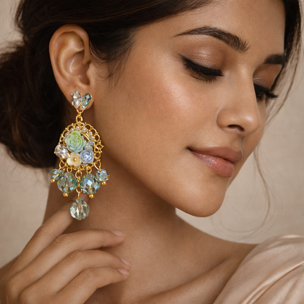 Mint Bloom Crystal Drop Earrings for Women – Anti-Tarnish Gold