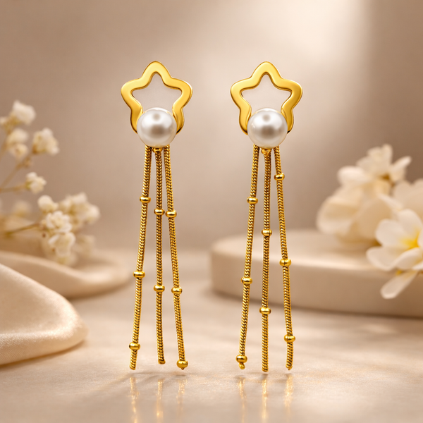 Star Pearl Chain Drop Earrings for Women – Anti-Tarnish Gold