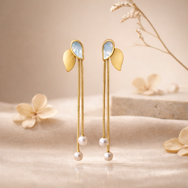 Petal Pearl Chain Drop Earrings for Women – Anti-Tarnish Gold