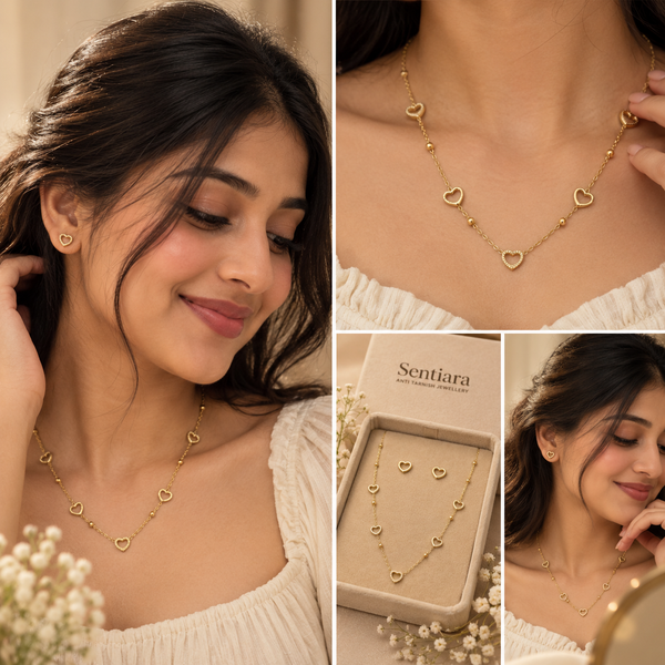 Amora Heart Charm Necklace & Earrings Set – Anti Tarnish Gold