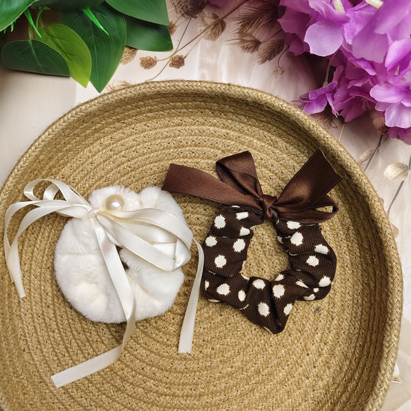 Fur & Bow Scrunchies Combo Set (Pack of 2) – Pearl Plush Hair Ties with Printed Bow