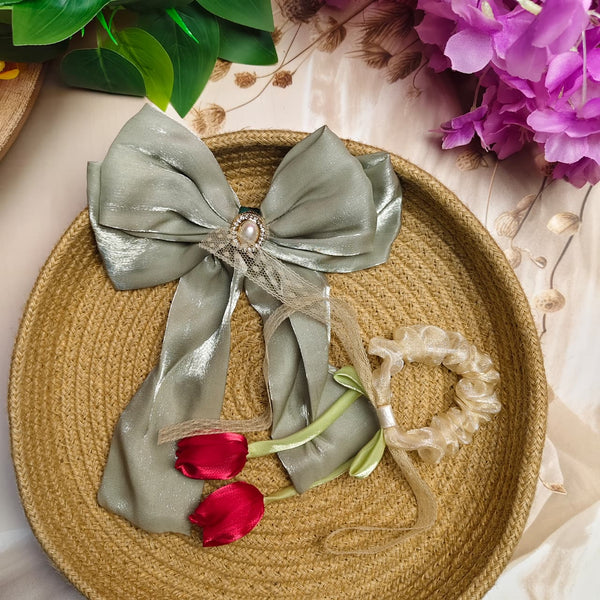 The Belle Set - Pearl Bow Hair Clip & Lace Scrunchie Combo
