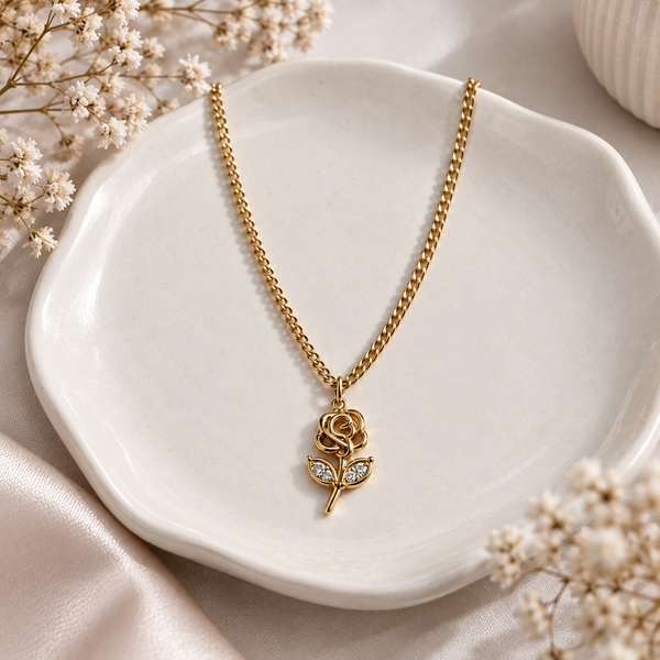 Golden Floral Rose Pendant Necklace – Anti Tarnish Gold