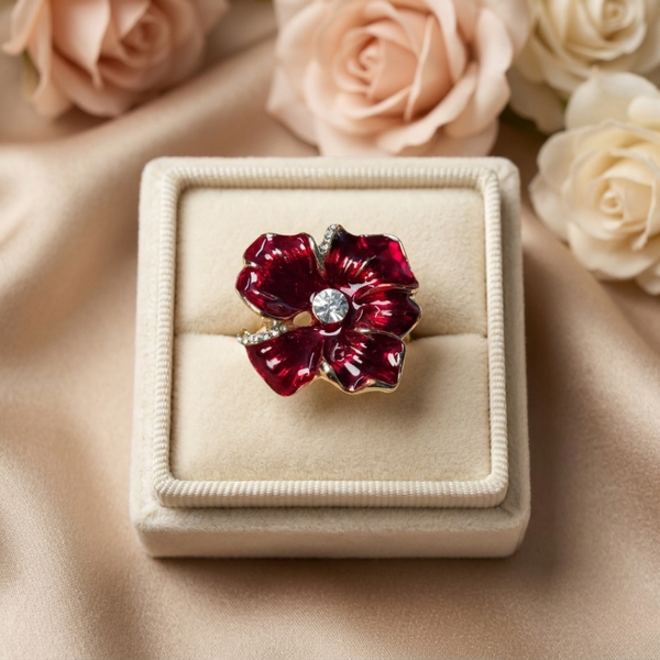 Voss Burgundy Flower Enamel Ring – Anti-Tarnish Gold
