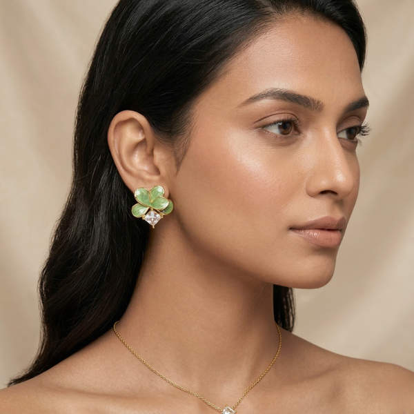 Green Clover Crystal Stud Earrings – Anti Tarnish Gold